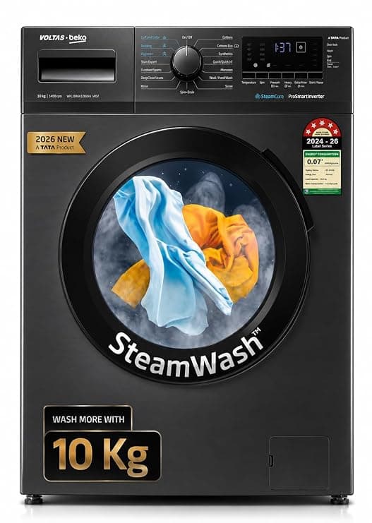 Voltas Beko, A Tata Product 10 Kg 5 Star Inverter Quick wash Fully-Automatic Front Loading Washing Machine (WFL1014B7JVBKA / AXV, Anthracite, In buit Heater/Hygiene steam)