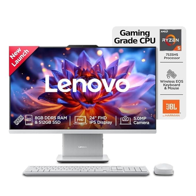 Lenovo IdeaCentre AIO Ryzen 5 7535HS 23.8" FHD IPS All-in-One Desktop (8GB RAM/512GB SSD/Win11/Microsoft 365 Basic + Office 2024/3Wx2 Speakers/5MP+IR Camera/Wireless Keyboard & Mouse), F0HR00BCIN