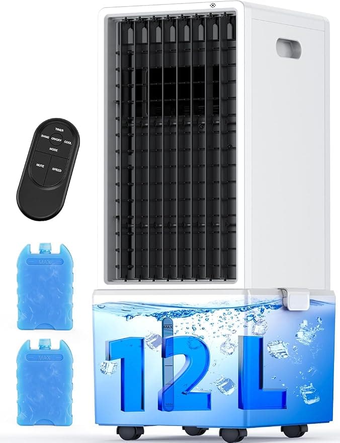 HIFRESH Air Cooler for Room Cooling, 31Ft Air Throw, 4 Modes & 4 Speeds, Remote & Touch, 12H Timer, 12L Tank for 24H Cooling, Waterless Alert, 2 Ice Packs, Low Power Consumption Tower Cooler for Home