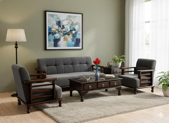 DaneWood Wooden 5 Seater Sofa Set - 3+1+1, for Living Room, Drawing Room, Office & Lounge | Solid Sheesham Wood, Fabric (Brown)