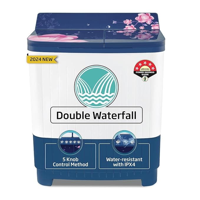 Voltas beko, A Tata Product 8.5 kg 5 Star Semi-Automatic Top Load Washing Machine With Double Water Fall technology (WTT85DBLG/FLRB5, Blue, Special Pulsator & 5 Knob Control Method)