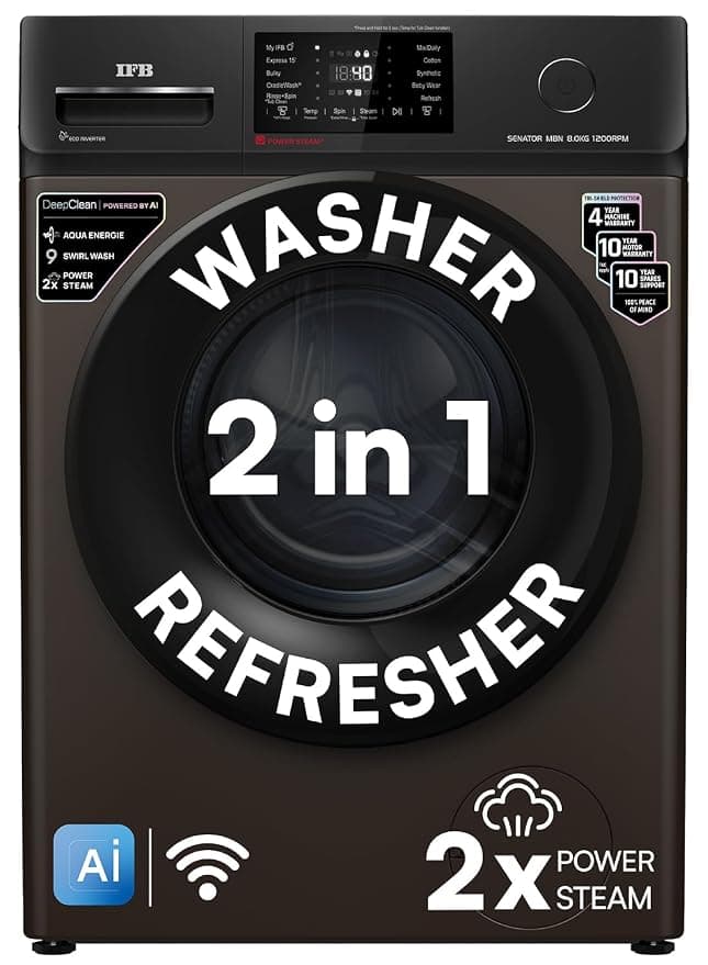 IFB 8 Kg 5 Star, DeepClean® Technology, AI Powered, WiFi, Fully Automatic Front Load Washing Machine (SENATOR MBN 8012 CMS, PowerSteam®, 9 Swirl, Steam Refresh, Inbuilt Heater, Eco Inverter, Mocha)