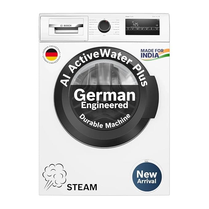 Bosch 9 kg 5 Star Front Load Fully-Automatic Washing Machine, AI ActiveWater, 14 Wash Programs, Removes 99.9% Germs with Steam, No Tangle or Wrinkle, SoftCare Paddle,Zero Vibration, White, WGA14200IN