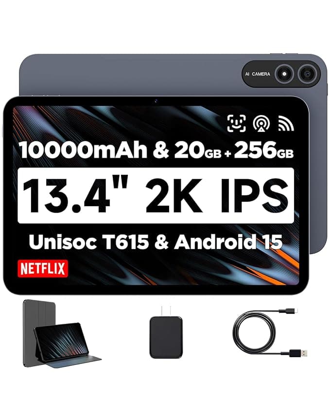 BNCF Bpad 13 Tablet 13.4 inch Large Screen Android 15 Tablet 20GB+256GB 10000mAh, Unisoc T615 Octa-Core 1920x1200 FHD with Widevine L1, 8MP+16MP Camera 2.4G/5G WiFi+BT5.0+GPS with Protective Case