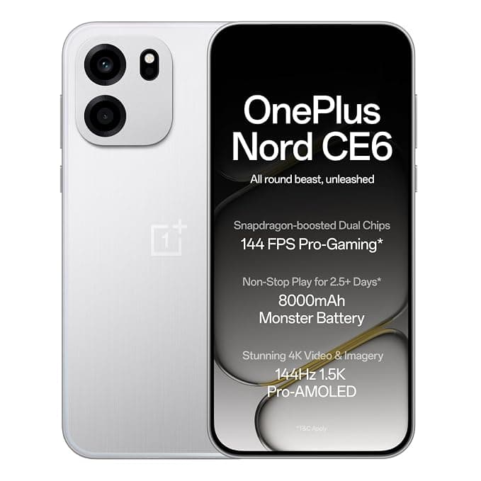 OnePlus Nord CE6 | 8GB+128GB | Lunar Pearl | Snapdragon 7s Gen 4 | Segment's Fastest Touch Response | 8000mAh Battery | 144Hz 1.5K AMOLED Display | 50MP Main + 32MP Selfie 4K Cameras | IP66,68,69,69K