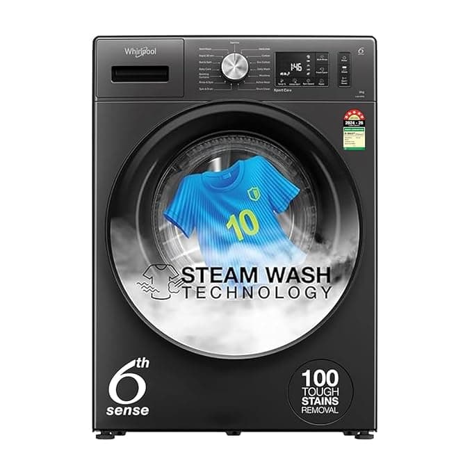 Whirlpool 8 Kg 5 Star Inverter Supreme Care Front Load Fully Automatic Washing Machine with In-Built Heater (XS8014BWME, MidNight Grey, Steam Technology, 100+ Tough Stains, 6th Sense Soft Move)