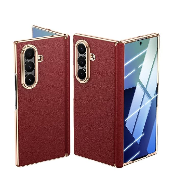 Midkart Leather Case Compatible with Samsung Galaxy Z Fold 7 Auto-Sliding Hinge Protection Electroplated with Front Glass Case & Camera Protection, Red