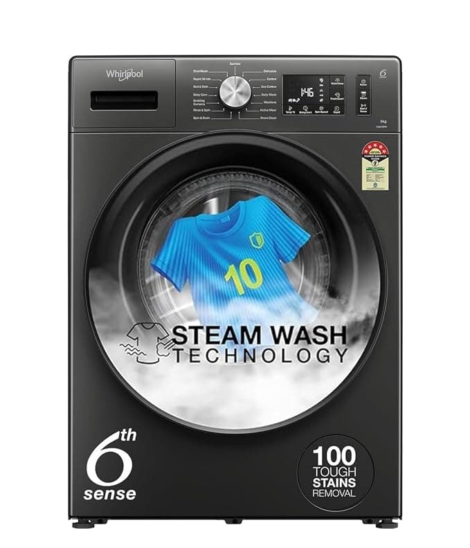 Whirlpool 9 Kg Steam Wash Technology 5 Star Inverter Front Load Fully Automatic Washing Machine with In-Built Heater (SUPREME CARE 9014-E, Midnight Grey, 100+ Tough Stains, 1400 RPM)