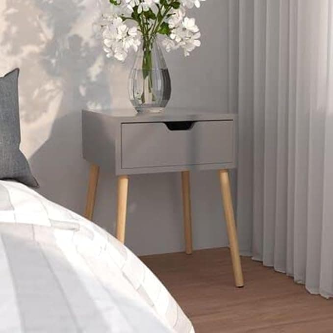 VASIL MART Accent End Table Side Table with Drawer and Solid Wood Legs, Bedside Table for Bedrooms, Mid-Century Modern Drawer Storage Cabinet for Living Room Furniture.(Grey)
