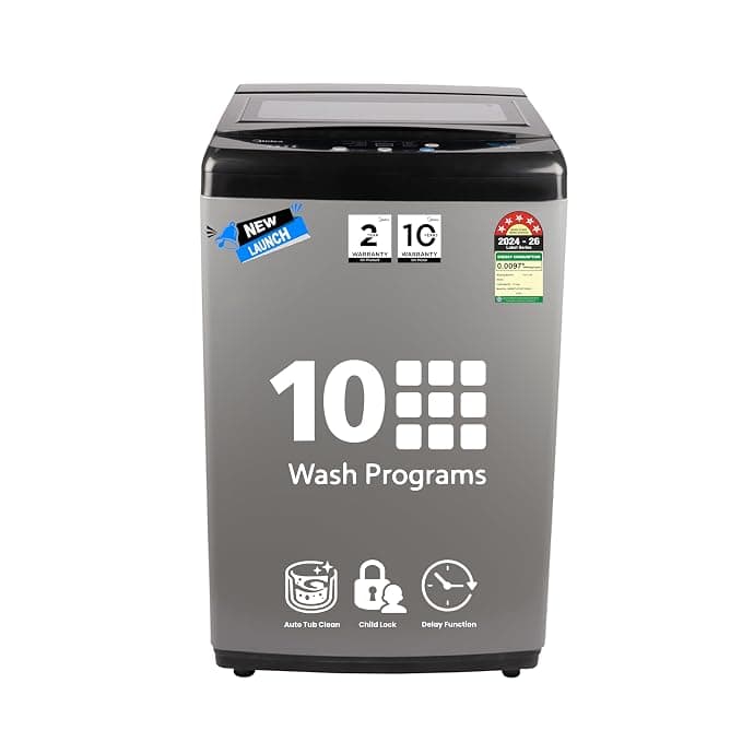 Midea 7.5kg 5-Star Top Load | Fully Auto | Hydrowave Stainless Tub | 10 Programs | 700 RPM | Intelligent Sensors | Auto Tub Clean | Magic Filter | Child Lock | Glass Lid | (MWMTL075FP1ENIG, Inox Grey)