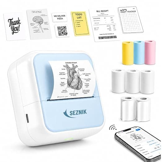 SEZNIK Mini Printer, Inkless, Thermal, Bluetooth, Portable Printer, Compatible Android, iOS Mobile. 1 Year Warranty (MiniX-Blue)