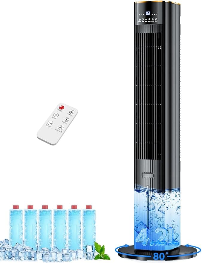 HIFRESH 107CM Tower Fans w/Cooling, Memory & Aroma Function, Remote & Touch Screen, 4 Modes & 3 Speeds,15H Timer, 4.2L Dual Tanks, 6 Ice Pack, 22Ft Air Throw, Low Power Consumption Tower Fan for Room