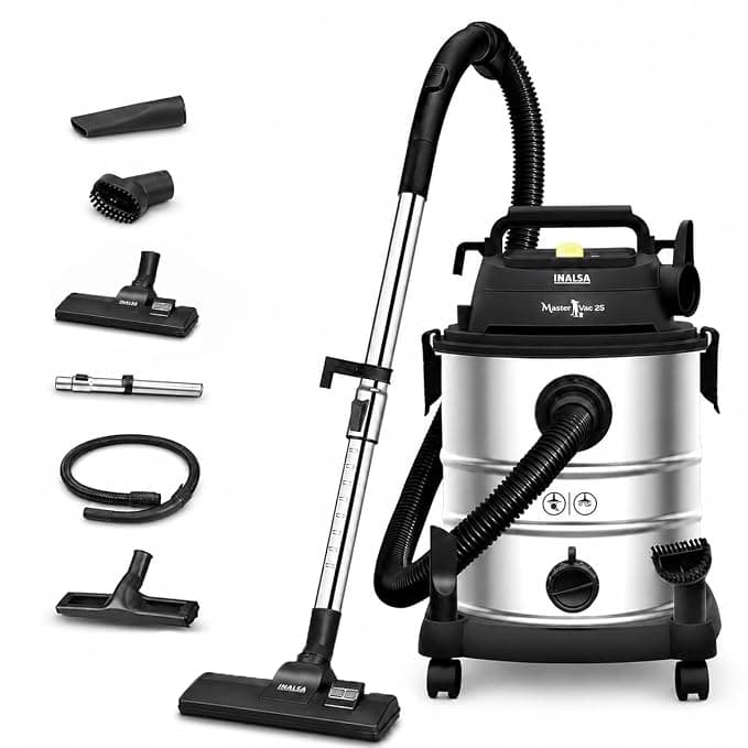 INALSA Vacuum Cleaner Wet and Dry Heavy Duty 1700 W & 25 Ltr Capacity|22KPA Suction|HEPA Filter & Metal Telescopic Tube|2 Year Warranty|SS Metal Tank|For Home,Office,Hotel Cleaning (Master Vac 25)