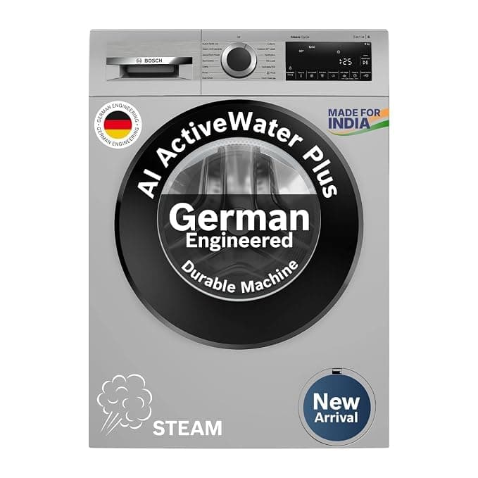 Bosch 9 kg 5 Star Front Load Fully Automatic Washing Machine, AI ActiveWater, Automated Dosing of Detergent(ADOS), Antibacterial Tech, 14 Wash Programs, 53L Large Drum, Silver,WGA242ISIN (2026 Model)