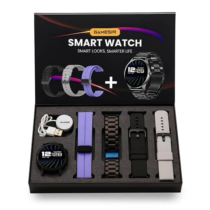 GameSir H20 Black Dial Smart Watch Combo 1.49" AMOLED Display with 4 Straps, Bluetooth Calling, IP67, Crown Control, 100+ Sports Modes, SPO₂ & Health Tracking, for Men & Women (Black Dial)