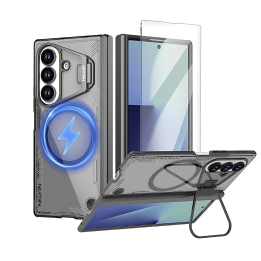 Nillkin for Samsung Galaxy Z Fold 7 Magsafe Case Built-in Screen Protector, Built-in Camera Kickstand & Magnetic Hinge Protection, Clear & Anti-Yellow, Fold 7 Case with Stand, Transparent Black