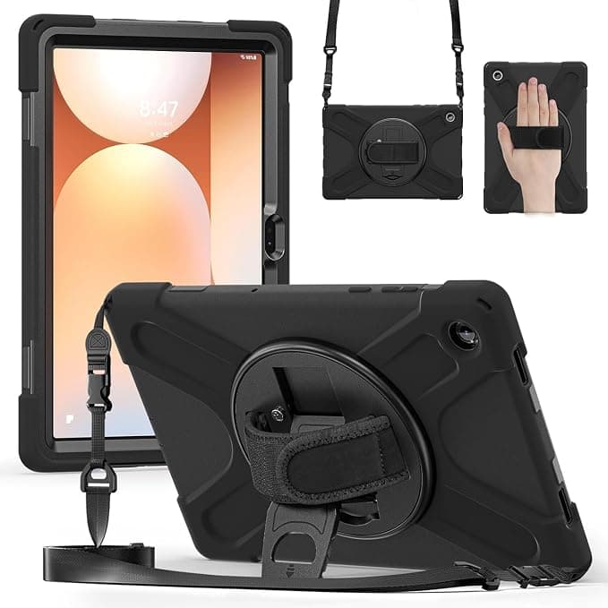 ProElite Cover for Galaxy Tab A11 Plus 11 inch 2025 Cover, Rugged 3 Layer Armor case Cover for Galaxy Tab A11+ 11" with Hand Grip & Rotating Kickstand with Shoulder Strap, Black