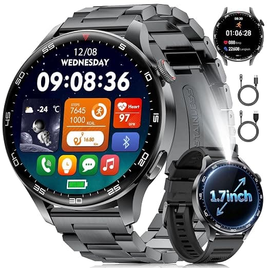 Smart Watch for Men, 1,7'' HD Large Screen Men's Smartwatch with 800mAh Batterry/Flashlight/Heart Rate/Sleep Monitor/100+ Sport Modes, IP68 Waterproof Fitness Watch Brown