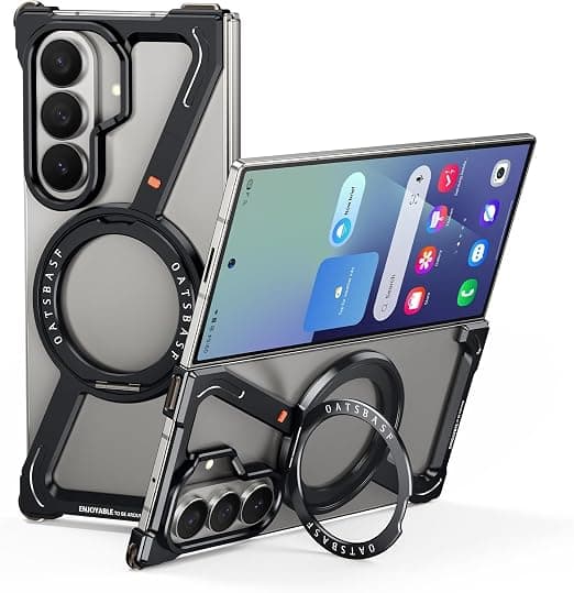 QHOHQ for Samsung Galaxy Z Fold 7 (2025) Metal Frameless Bumper Case with 360° Rotating Kickstand | Minimalist Z Case | Mag-Safe Compatible | Shockproof Aluminum Frame Cover (Black)