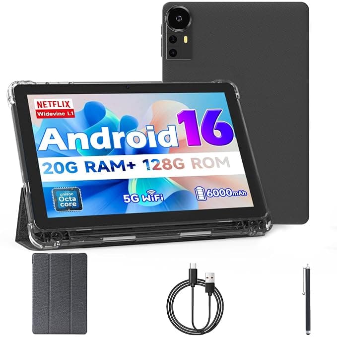 Android 15, 10", 20 GB RAM, 128 GB, ROM, 2 TB, 2.0 GHz, quad-core processor, tablet PC with case and capacitive stylus, 5G WiFi6, BT5.0, 6000 mAh battery, dual camera