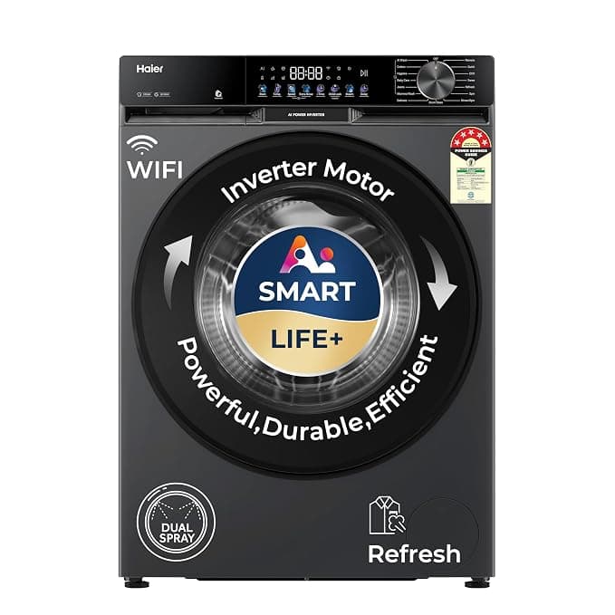 Haier 10Kg,5 Star,AI Smart LIFE+,Vibrant Touch Panel, 525 mm Super Drum, Refresh,WiFi enabled,Fully Automatic Front Load Washer(EFL100-IM14F5ES8U1 | Dark Jade Silver)