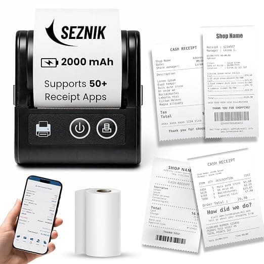 SEZNIK Veer 58mm (2 Inch) Portable Receipt Printer | ESC/POS KOT Billing | Bluetooth+USB | 2000mAh Rechargeable | Android/iOS/Windows | Retail/Restaurant | 50+ Apps | Swiggy/Zomato | 1 Year Warranty