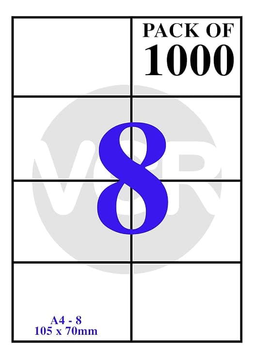 VCR A4 Size Self Adhesive Label/Sticker for Printer - 8 Sticker Per Sheet (White) - 1000 Sheets Pack
