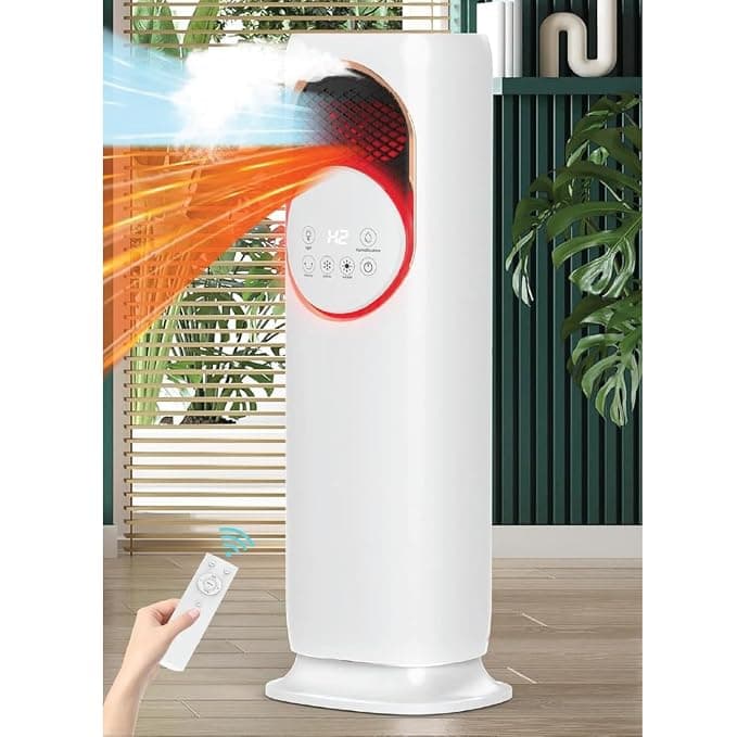 Jawsons™ 4-in-1 Oscillating Tower Fan with Heater, Humidifier & Cooler | 120° Oscillation, 4L Water Tank, 3 Cooling Speeds, 2 Heating Levels, 9-Hour Timer & Remote Control | All-Season Comfort