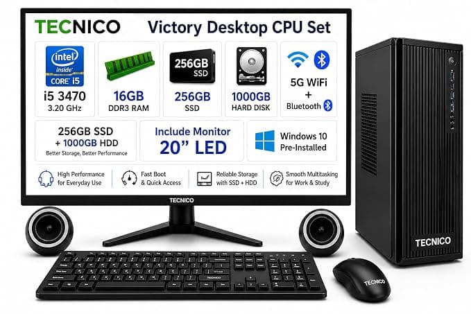 TECNICO Desktop CPU Set, Core i5-3470 3.2GHz, 16 GB DDR3 RAM, 256GB SSD, 1000GB HDD,RGB Keyboard Mouse Set, WiFi 6, Bluetooth, Speakers, (Include Monitor 20" Led)