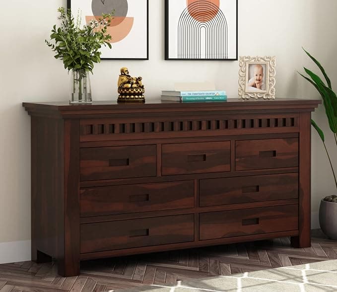 Solid Sheesham Wood Walnut Finish Chest of Drawer, 7 Compartment Dresser, Storage Organizer Sideboard Closet, Kitchen Cabinet, Cupboard Furniture for Bedroom, Living Room, Home & Office