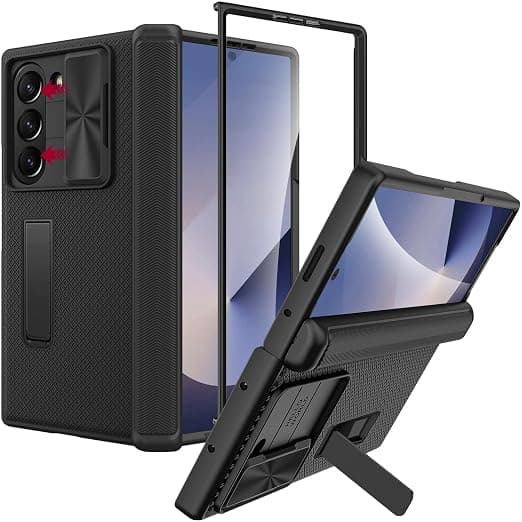 Miimall for Samsung Galaxy Z Fold 7 Case with Slide Camera Cover & Hinge Protection, Adjustable Kickstand & Built-in Screen Protector, Slim Full Body Cover for Galaxy Z Fold7 Phone Case 2025, Black