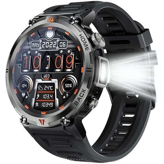 EIGIIS Military Smart Watch for Men Tactical Rugged with Bluetooth Call Flashlight 1.45'' Big Screen Fitness Tracker Heart Rate Sleep Monitor Waterproof Sports Smartwatch iPhone Android Black