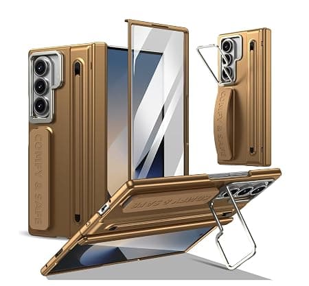 Back Case Compatible with Samsung Galaxy Z Fold 7 Protect Case with Slim S Pen Slot & Capacitance Pen, Lens Stand and Bulit-in Screen & Hinge Protection Full Body Drop Fall Protection(Gold)