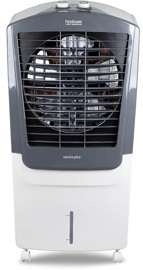 Hindware Smart Appliances Vectra Plus 70L | Desert Air Cooler with Woodwool Pads, Inverter Compatible, Castor wheels and motorized air flow control & High Air Delivery (White & Grey)