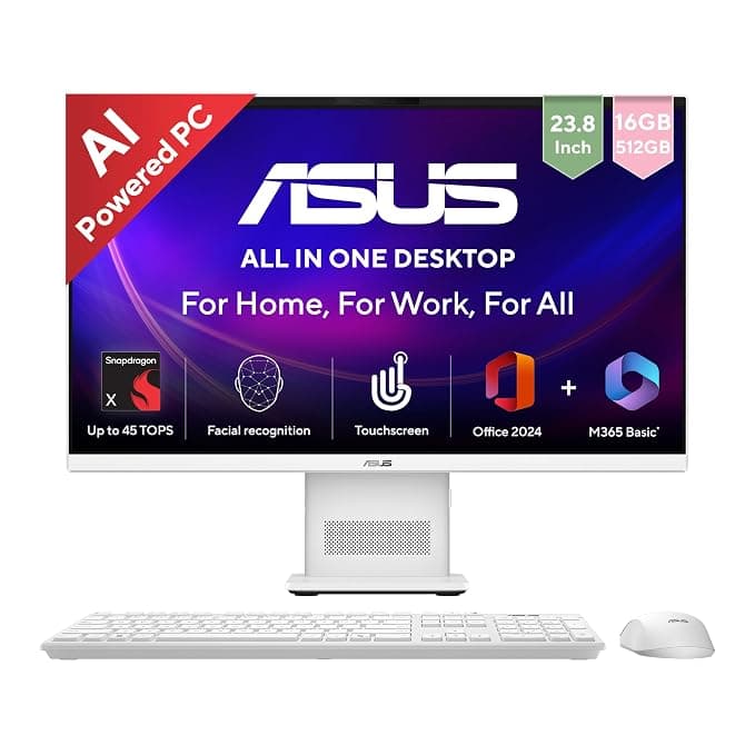 ASUS AiO VM441 (2026), Copilot+PC,Snapdragon X,16GB/512GB,FHD,Touch Screen,23.8"(60.45cm),Win 11,M365 Basic(1Y),Office 24,White,5.47 kg,VM441QA-TWAP001WS,Wireless Keyboard & Mouse,AI PC with 45 Tops