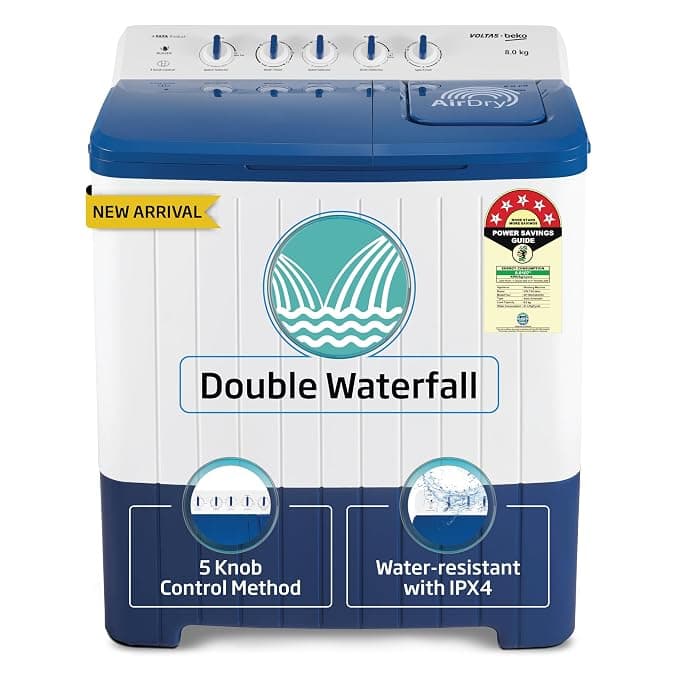Voltas Beko, A Tata Product 8.5 Kg 5 Star Semi-Automatic Top Loading Washing Machine (WTT85UHA/OK5I0I0W01, Blue, Air Dry & Pulsator wash technology)