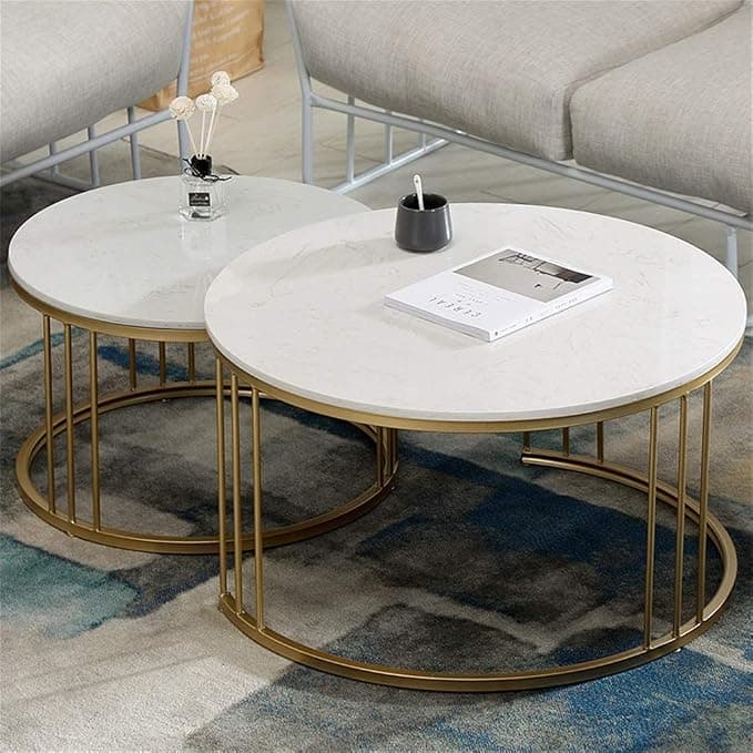 Coffee Table, Nesting Center Table, Movable Decorative Table, Round Leisure Table, Suitable for Bedside/Hallway/Living Room (Gold & White) Metal