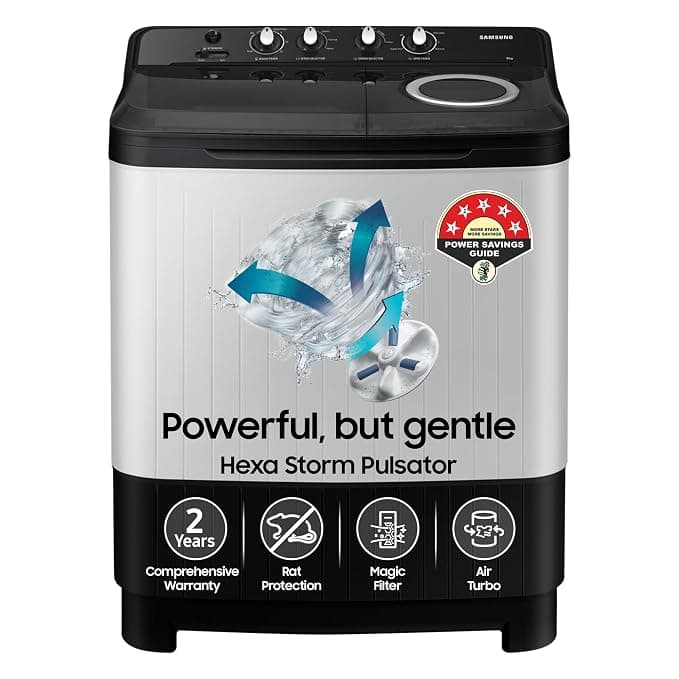 Samsung 8 kg, 5 star, Semi-Automatic Top Load Washing Machine (WT80C4200GG/TL, Air Turbo Drying, Light Gray, 5 Year Warranty on Wash Motor)
