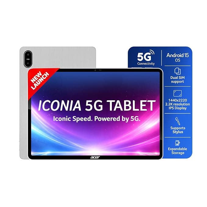Acer Iconia 5G Tablet|11.45" 2.2k”90Hz IPS Display, MediaTek 8791 Processor, 8GB RAM + 128GB Storage, 16MP Rear+8MP Front Camera,Wi-Fi + 5G Volte, Android 15,BT 5.2, Slim Metal Body,Silver