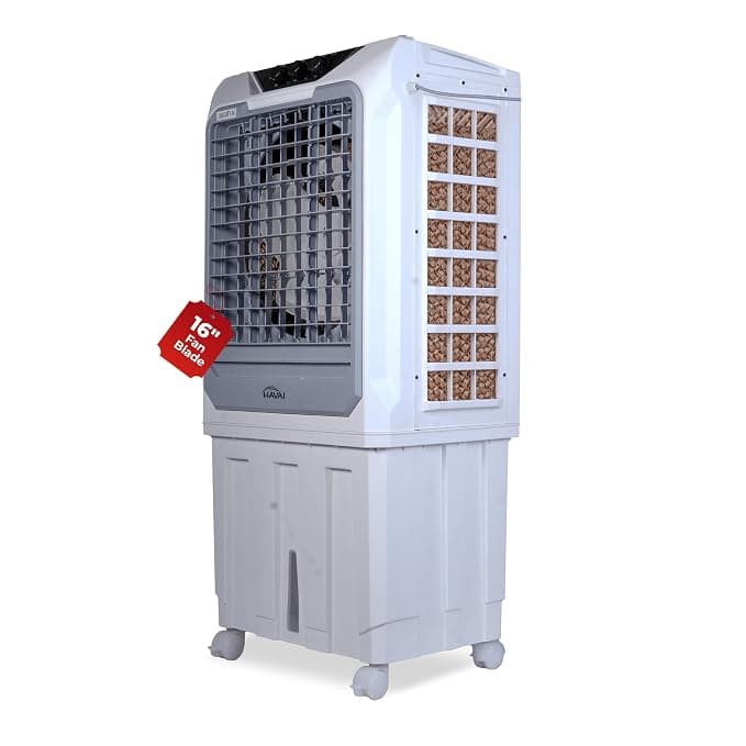 HAVAI Mighty 16 Desert Air Cooler | 16 Inch Special Bent-Edge Blade, 100L Tank, 5190 m³/hr Air Delivery | Covers 350 Sq Ft | Honeycomb Pads, Aluminium Motor, Closed Louvers, Wheels | White & Grey