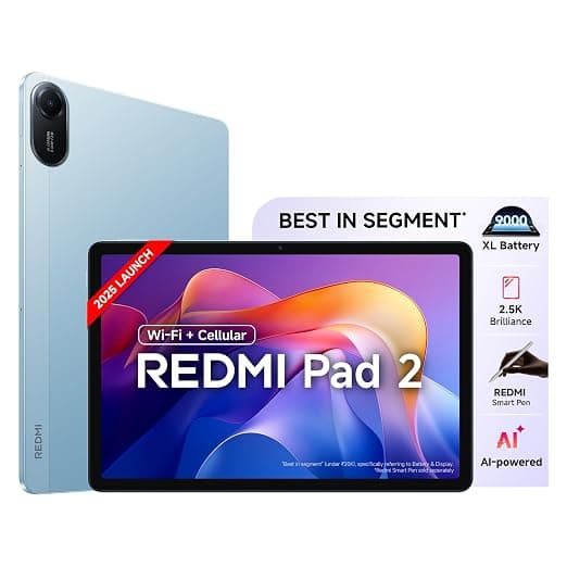 Redmi Pad 2 Wi-Fi + Cellular, Active Pen Support, 27.94cm(11") Model, 2.5K Sharp & Clear Display, 6GB, 128GB, All Day & More 9000mAh Battery, AI-Enabled, Dolby Atmos, HyperOS 2, Sky Blue