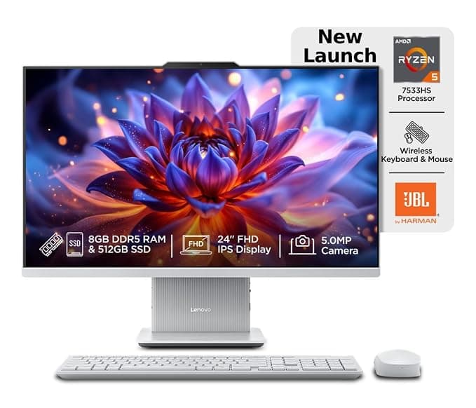Lenovo IdeaCentre AIO Ryzen 5 7533HS 23.8" FHD IPS All-in-One Desktop (8GB RAM/512GB SSD/Win11/Microsoft 365 Basic + Office 2024/3Wx2 Speakers/5MP+IR Camera/Wireless Keyboard & Mouse), F0HR00CFIN