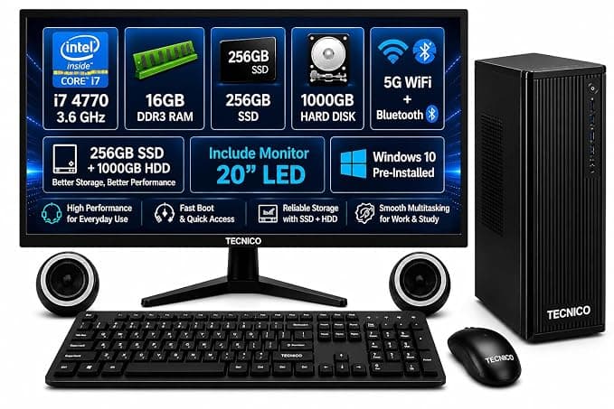 TECNICO Victory All-in-One Desktop Computer Set, i7 4770 3.6 GHZ, 16GB DDR3 RAM, 256GB SSD, 1000GB HARDDISK, 5g WiFi + Blue Tooth (Include 20" led Monitor)