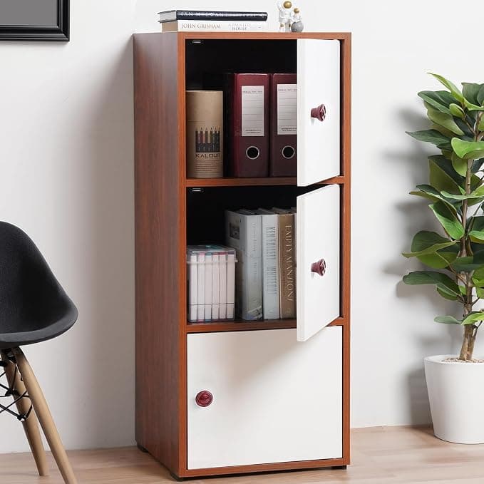 ABOUT SPACE Wooden Cabinet - 3 Tier Engineered Wood Storage Cabinet for Living Room with Magnetic Door, Space Saving Furniture for Home, Kitchen (Oak Red - L 38 x B 38.5 x H 100.5 cm)