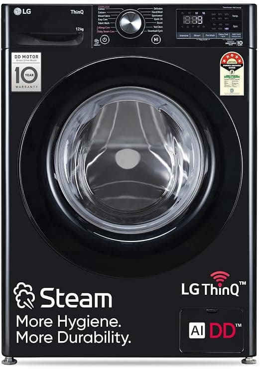 LG 12 Kg, 5 Star, AI Direct Drive Technology, Wi-Fi, Steam Fully Automatic Front-Loading Washing Machine (FHP1412Z3O, Intelligent & Convenient Fabric Care, Allergy Care, In-Built Heater, Onyx Black)