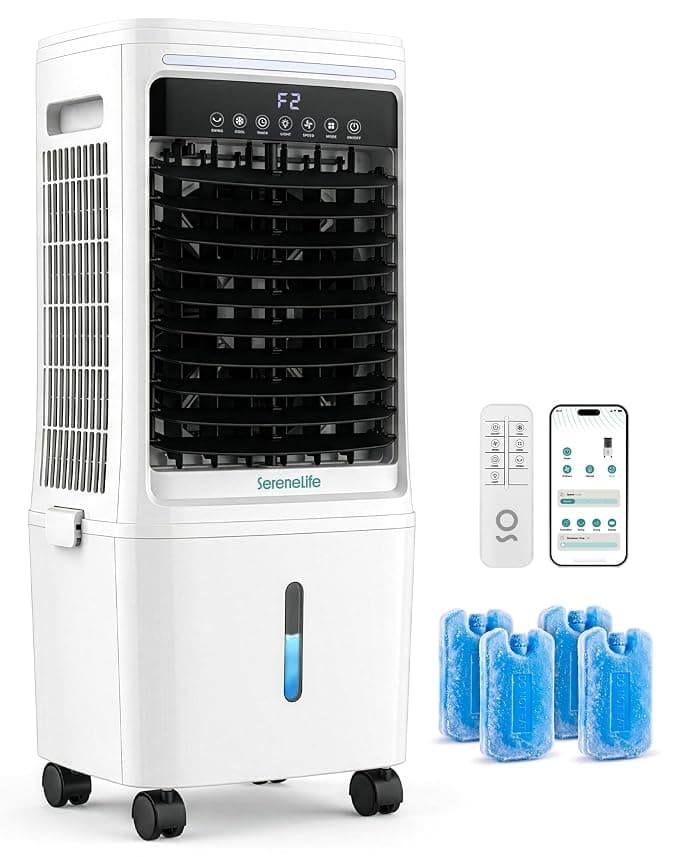 SereneLife Air Conditioning without Exhaust Hose, 25 L Evaporative Air Cooler for Large Rooms, 1700 CFM, Ice Pack Function, Timer Removable Water Tank 80 W, 60/120° Oscillation, Quiet with Wheels