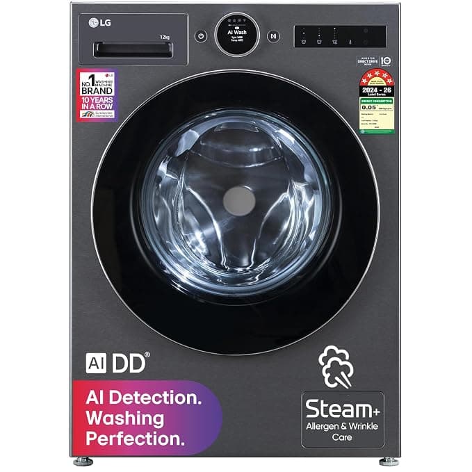 LG 12 Kg, 5 Star, AI DD Technology, Steam+, Wi-Fi, Smart Digital Dial, Fully-Automatic Front Load Washing Machine (FX1412N9K, Reduce allergens & wrinkles, TurboWash 360˚, 2026 Model, Matt Black)