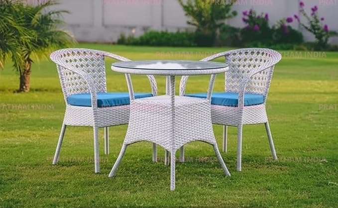 Outdoor Indoor Patio Set Bistro Set Wicker Chair Patio Set for Living Room Dining Room Lawn Balcony Outdoor Garden Chair Set with Glass Table (White with Blue 2+1)