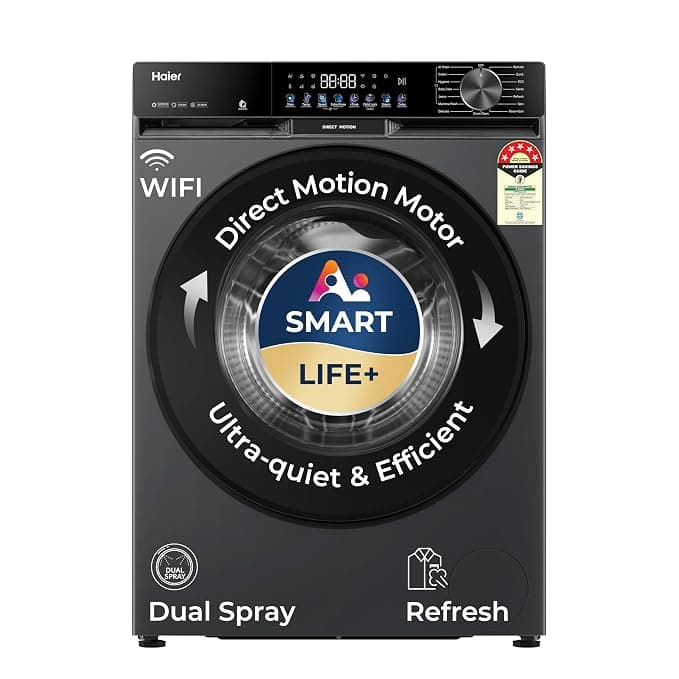 Haier 12 Kg, 5 Star, AI Smart LIFE+, Hygienic Care, ABT, 525 mm Super Drum, Refresh, Direct Motion Motor, WiFi enabled, Fully Automatic Front Load Washer (EFL120-DM14F5ES8U1 | Dark Jade Silver)