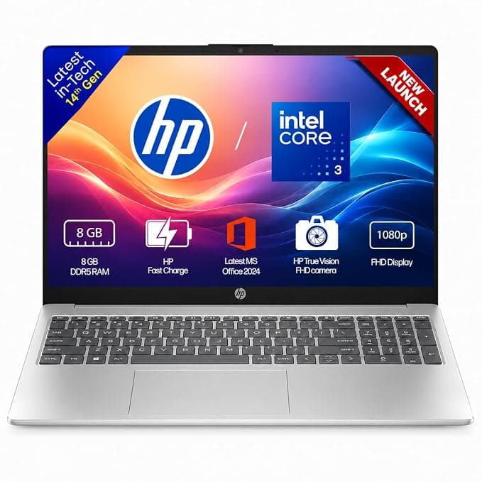 HP 15, (i3 14th Gen) Intel Core 3 100U (8GB DDR5, 512GB SSD), Win11, M365* Office24, Micro-Edge, Anti-Glare,15.6''/39.6cm,Silver, 1.59kg,FHD Camera with Privact Shutter, Dual Speakers Laptop-fd0883TU